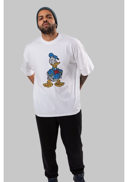 Donald Ön Baskılı Beyaz Oversize T-Shirt Erkek Kadın Bisiklet Yaka indirimleri