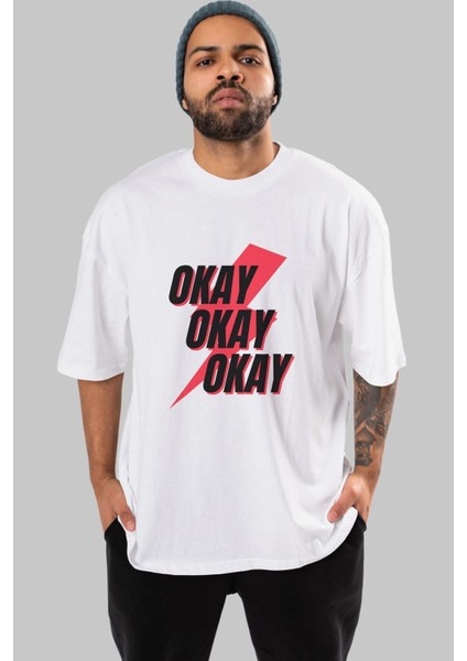Okay Ön Baskılı Beyaz Oversize T-Shirt Erkek Kadın Bisiklet Yaka