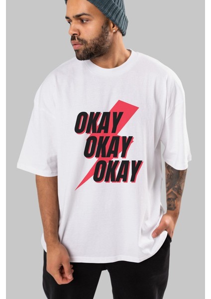Okay Ön Baskılı Beyaz Oversize T-Shirt Erkek Kadın Bisiklet Yaka modelleri