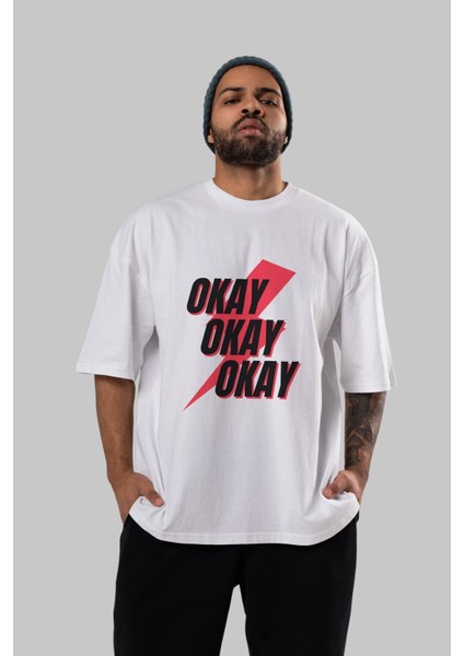 Okay Ön Baskılı Beyaz Oversize T-Shirt Erkek Kadın Bisiklet Yaka fırsatları