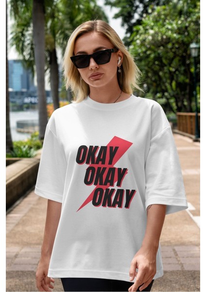 Okay Ön Baskılı Beyaz Oversize T-Shirt Erkek Kadın Bisiklet Yaka indirimleri