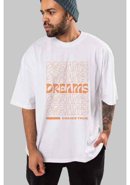 Dreams Yazılı Ön Baskılı Beyaz Oversize T-Shirt Erkek Kadın Bisiklet Yaka