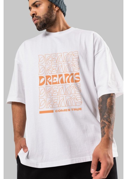 Dreams Yazılı Ön Baskılı Beyaz Oversize T-Shirt Erkek Kadın Bisiklet Yaka