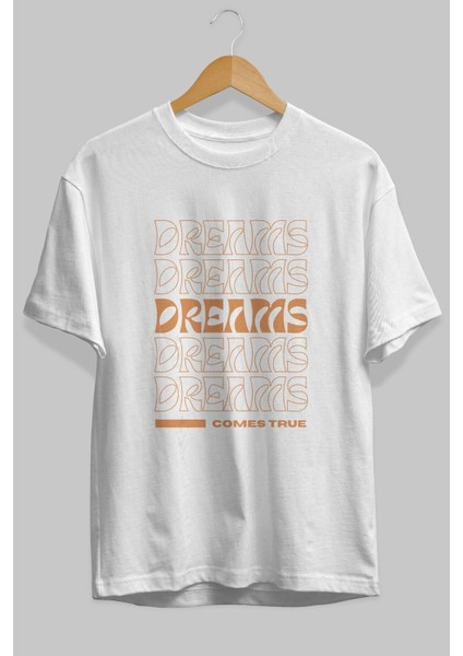 Dreams Yazılı Ön Baskılı Beyaz Oversize T-Shirt Erkek Kadın Bisiklet Yaka