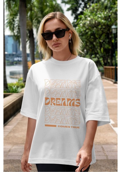 Dreams Yazılı Ön Baskılı Beyaz Oversize T-Shirt Erkek Kadın Bisiklet Yaka