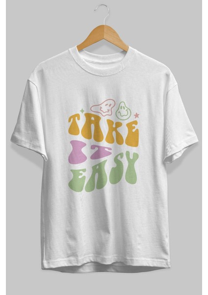 Take It Easy Yazılı Ön Baskılı Beyaz Oversize T-Shirt Erkek Kadın Bisiklet Yaka fiyatları