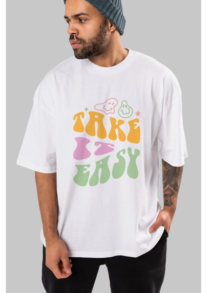 Take It Easy Yazılı Ön Baskılı Beyaz Oversize T-Shirt Erkek Kadın Bisiklet Yaka modelleri