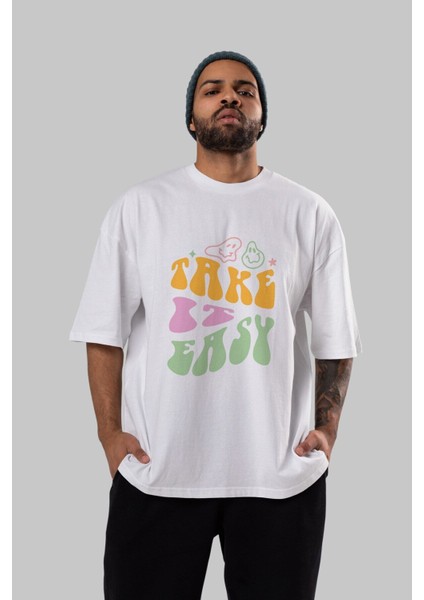 Take It Easy Yazılı Ön Baskılı Beyaz Oversize T-Shirt Erkek Kadın Bisiklet Yaka fırsatları