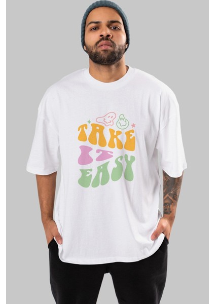 Take It Easy Yazılı Ön Baskılı Beyaz Oversize T-Shirt Erkek Kadın Bisiklet Yaka indirimleri