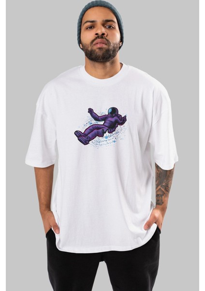 Having Fun In Outer Space Ön Baskılı Beyaz Oversize T-Shirt Erkek Kadın Bisiklet Yaka