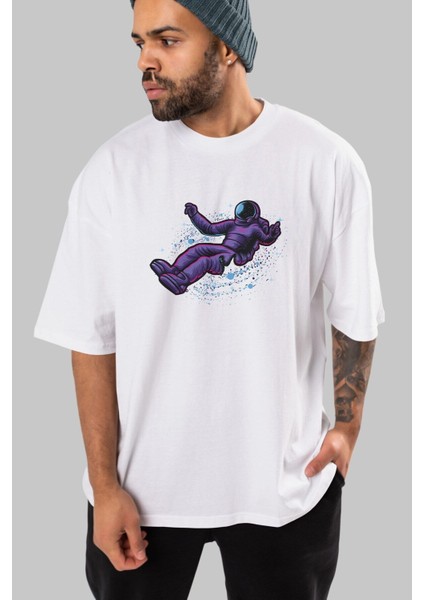 Having Fun In Outer Space Ön Baskılı Beyaz Oversize T-Shirt Erkek Kadın Bisiklet Yaka indirimleri