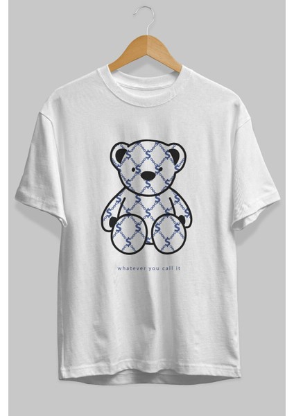 Whatever You Bear Ön Baskılı Beyaz Oversize T-Shirt Erkek Kadın Bisiklet Yaka modelleri