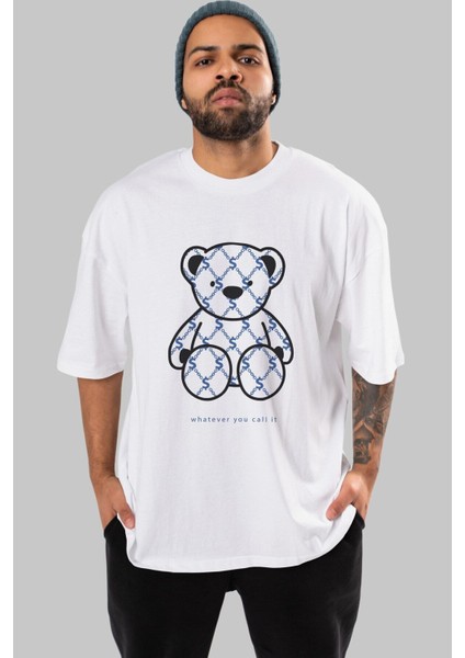 Whatever You Bear Ön Baskılı Beyaz Oversize T-Shirt Erkek Kadın Bisiklet Yaka indirimleri