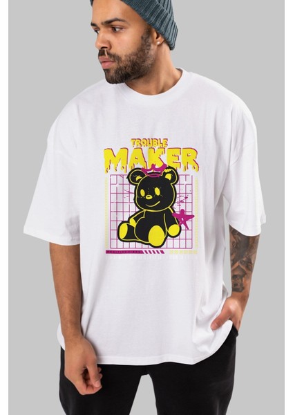 Teddy Bear Trouble Maker Ön Baskılı Beyaz Oversize T-Shirt Erkek Kadın Bisiklet Yaka