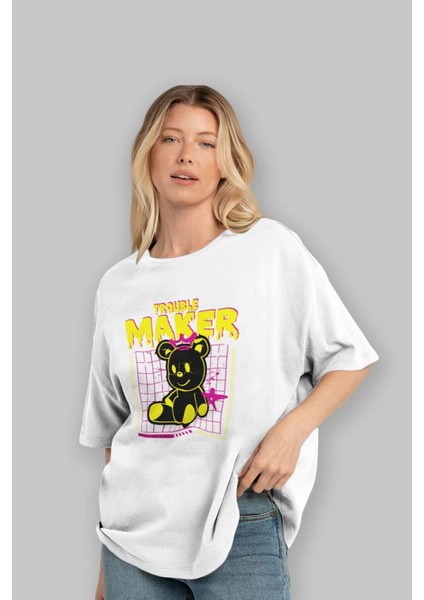 Teddy Bear Trouble Maker Ön Baskılı Beyaz Oversize T-Shirt Erkek Kadın Bisiklet Yaka modelleri
