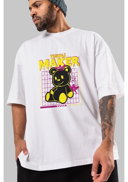 Teddy Bear Trouble Maker Ön Baskılı Beyaz Oversize T-Shirt Erkek Kadın Bisiklet Yaka indirimleri