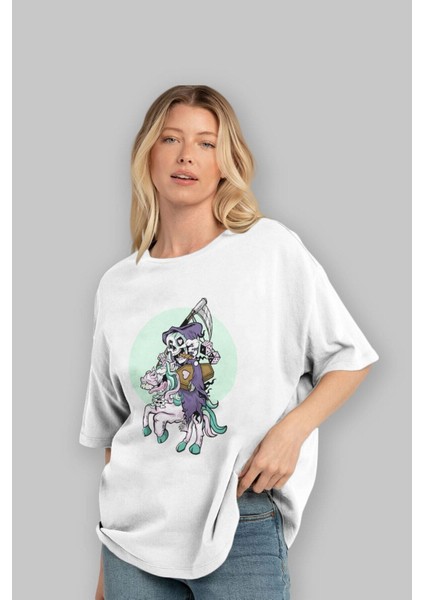 Grim Reaper Riding Ön Baskılı Beyaz Oversize T-Shirt Erkek Kadın Bisiklet Yaka fiyatları