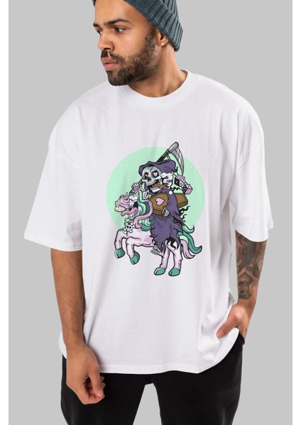 Grim Reaper Riding Ön Baskılı Beyaz Oversize T-Shirt Erkek Kadın Bisiklet Yaka indirimleri