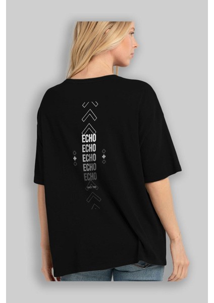 Echo Yazılı Arka Baskılı Siyah Oversize T-Shirt Erkek Kadın Bisiklet Yaka fiyatları
