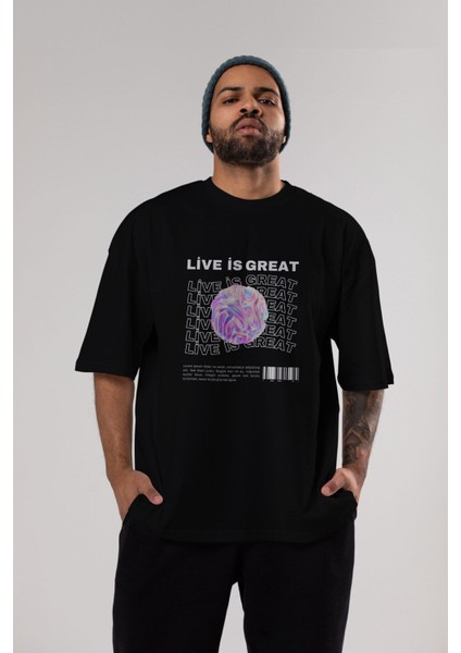 Live Is Great Yazılı Ön Baskılı Siyah Oversize T-Shirt Erkek Kadın Bisiklet Yaka
