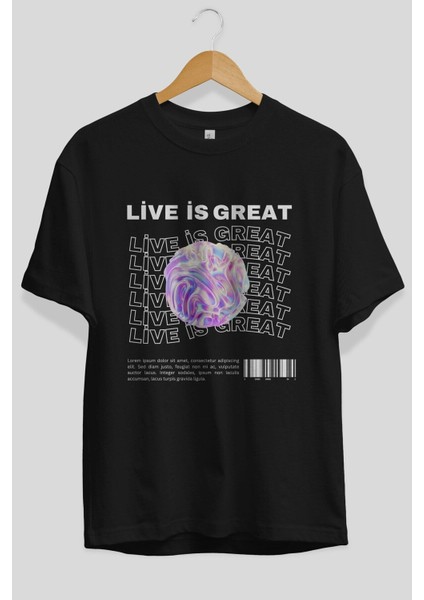 Live Is Great Yazılı Ön Baskılı Siyah Oversize T-Shirt Erkek Kadın Bisiklet Yaka modelleri