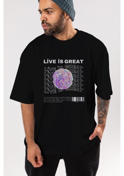 Live Is Great Yazılı Ön Baskılı Siyah Oversize T-Shirt Erkek Kadın Bisiklet Yaka fırsatları