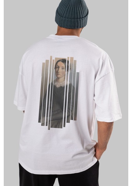 Retro Portre Arka Baskılı Beyaz Oversize T-Shirt Erkek Kadın Bisiklet Yaka