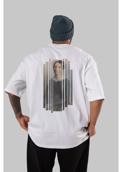 Retro Portre Arka Baskılı Beyaz Oversize T-Shirt Erkek Kadın Bisiklet Yaka modelleri