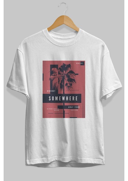 Hideout Somewhere Ön Baskılı Beyaz Oversize T-Shirt Erkek Kadın Bisiklet Yaka fiyatları