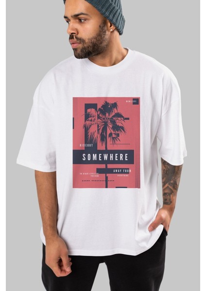 Hideout Somewhere Ön Baskılı Beyaz Oversize T-Shirt Erkek Kadın Bisiklet Yaka fırsatları