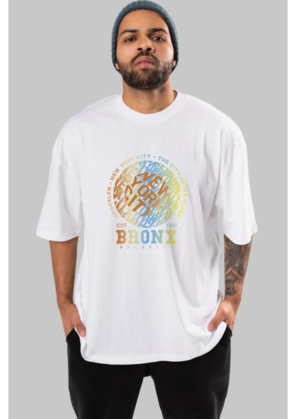 Brooklyn And New York Ön Baskılı Beyaz Oversize T-Shirt Erkek Kadın Bisiklet Yaka fiyatları