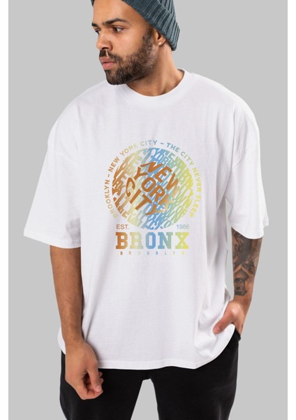 Brooklyn And New York Ön Baskılı Beyaz Oversize T-Shirt Erkek Kadın Bisiklet Yaka fırsatları