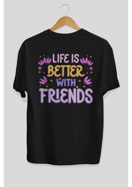 Life Is Better With Arka Baskılı Siyah Oversize T-Shirt Erkek Kadın Bisiklet Yaka fiyatları