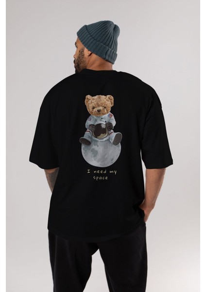 Teddy Bear I Need My Space Arka Baskılı Siyah Erkek Kadın Bisiklet Yaka Oversize T-Shirt