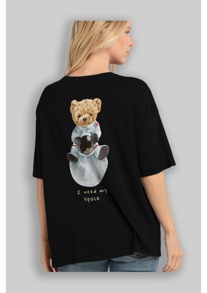 Teddy Bear I Need My Space Arka Baskılı Siyah Erkek Kadın Bisiklet Yaka Oversize T-Shirt fiyatları