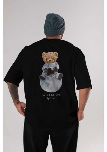 Teddy Bear I Need My Space Arka Baskılı Siyah Erkek Kadın Bisiklet Yaka Oversize T-Shirt modelleri