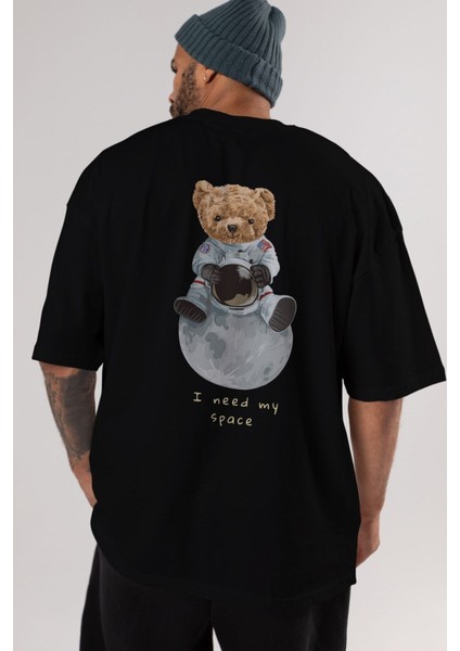 Teddy Bear I Need My Space Arka Baskılı Siyah Erkek Kadın Bisiklet Yaka Oversize T-Shirt fırsatları
