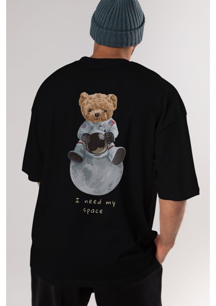 Teddy Bear I Need My Space Arka Baskılı Siyah Erkek Kadın Bisiklet Yaka Oversize T-Shirt indirimleri