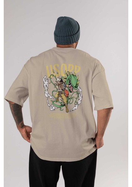 Usopp Anime Arka Baskılı Bej Oversize T-Shirt %100 Pamuk Erkek Kadın