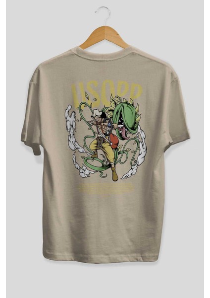 Usopp Anime Arka Baskılı Bej Oversize T-Shirt %100 Pamuk Erkek Kadın fiyatları