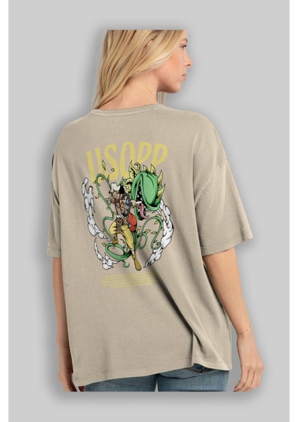 Usopp Anime Arka Baskılı Bej Oversize T-Shirt %100 Pamuk Erkek Kadın modelleri