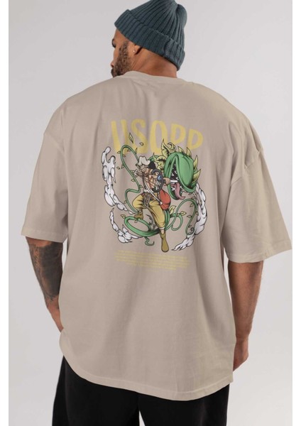 Usopp Anime Arka Baskılı Bej Oversize T-Shirt %100 Pamuk Erkek Kadın indirimleri
