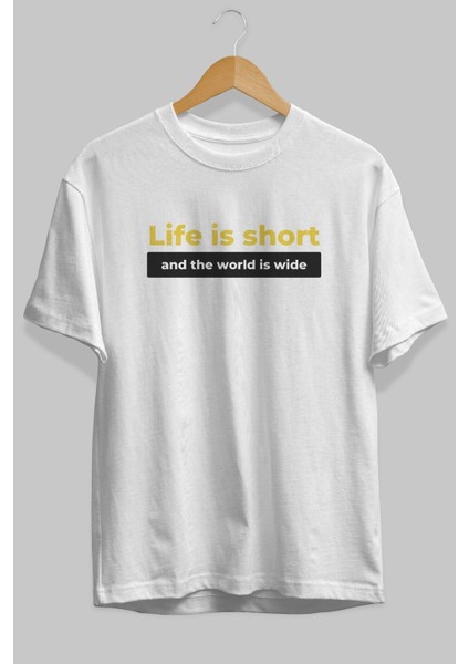 Life Is Short Yazılı Ön Baskılı Beyaz Oversize T-Shirt Erkek Kadın Bisiklet Yaka modelleri