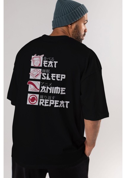 Eat, Sleep, Anime, Repeat Anime Arka Baskılı Siyah Oversize T-Shirt Erkek Kadın