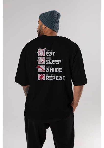 Eat, Sleep, Anime, Repeat Anime Arka Baskılı Siyah Oversize T-Shirt Erkek Kadın fiyatları