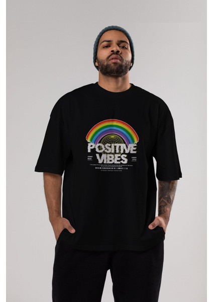 Positive Vibes Ön Baskılı Siyah Oversize T-Shirt Erkek Kadın Bisiklet Yaka