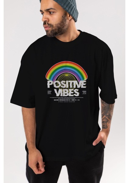 Positive Vibes Ön Baskılı Siyah Oversize T-Shirt Erkek Kadın Bisiklet Yaka modelleri