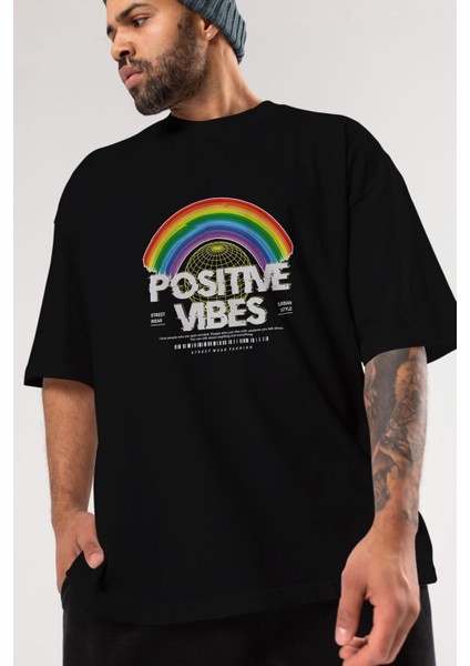 Positive Vibes Ön Baskılı Siyah Oversize T-Shirt Erkek Kadın Bisiklet Yaka indirimleri