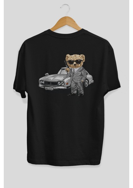 Teddy Bear The Secret Agent Arka Baskılı Siyah Erkek Kadın Bisiklet Yaka Oversize T-Shirt