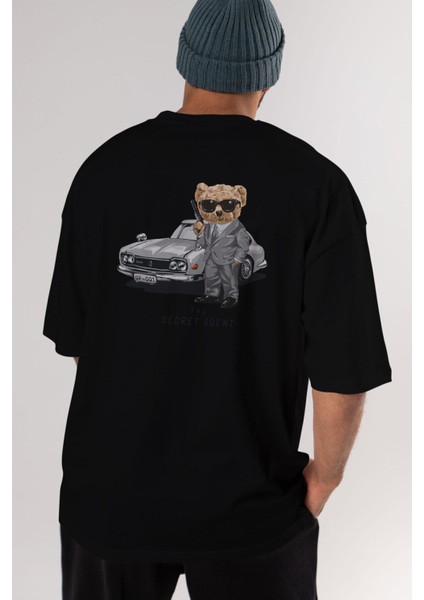 Teddy Bear The Secret Agent Arka Baskılı Siyah Erkek Kadın Bisiklet Yaka Oversize T-Shirt fiyatları